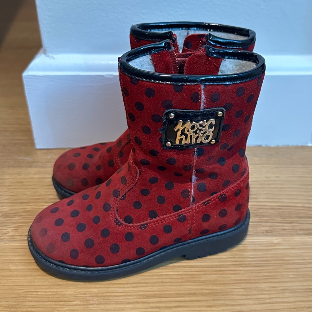 MOSCHINO red and black polka dot ankle zip boots,  Size 25